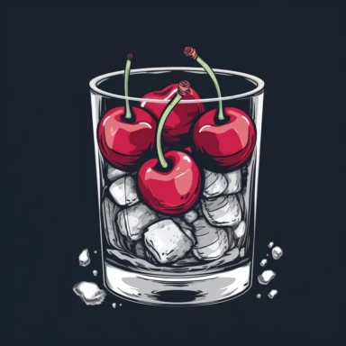 one shot glass with only 4 cherries inside and ice cubes, illustration, logo, simple design, shirt logo, stencil, clip art