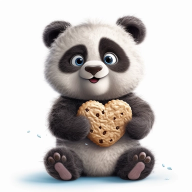 cute fluffy baby panda holding a cookie heart, disney style, clipart on white background
