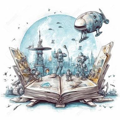 science fiction scene coming out of an open book, rockets, ufos, robots, magical, watercolors, Clipart, pastel blue color theme, intricate and detailed