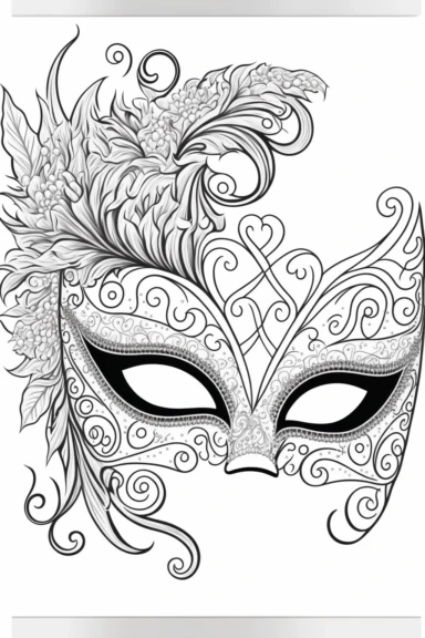an outlined Mardi Gras cute mask decorated with glitter and jewels, Coloring Book, white background, black and white, [clip art]