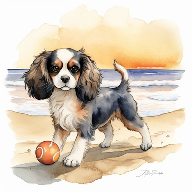 create a beautiful detailed and original watercolor clipart image of a happy and adorable king charles cavalier puppy with loving eyes on a sandy beach chasing a volleyball with pawprints following behind the puppy, include a silhouette of a sailboat in the background, include a sunset, white background, no text, no font, no words