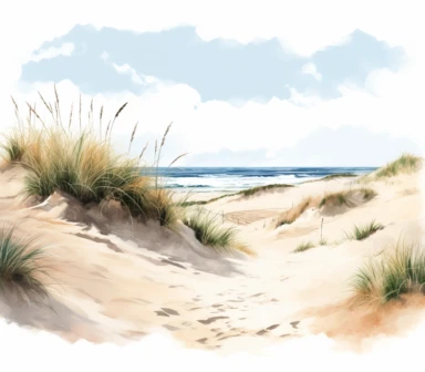 watercolor of the beach and dune clipart, in the style of nature-inspired imagery, hand-drawn animation, uhd image, bec winnel, lush and detailed, layered composition, jacek malczewski, white background