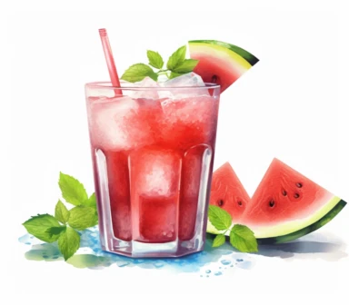 Watercolor clipart of summer drink, Watermelon Slushie: Made from juicy watermelon blended with ice, this icy treat is a favorite during the summer. It's simple, refreshing, and naturally sweet, intricate details, vector, hyperrealistic, white background, no splashes, no text, no watermark