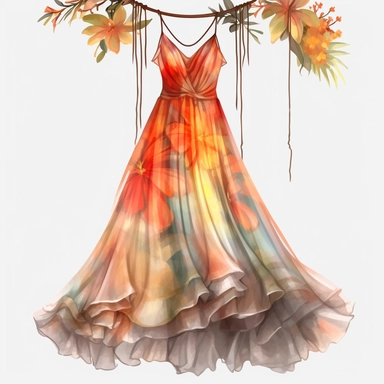 panoramic view, full view, beautiful flowing tropical party dress in vibrant colors on ornate hanger, shabby chic, elegant, ethereal, romantic, fantasy, high detail, shabby chic, sharp focus, 8k, illustration sketch, clipart style, transparent background