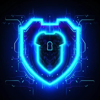 simple clipart image of cartoon neon blue cyber lines with a lock and shield