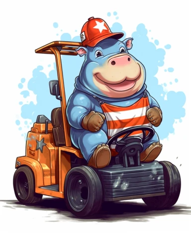 Showcasing a cartoon hippopotamus as a forklift operator, with the design featuring patriotic motifs and symbols representing the United States. The overall design can appear polished and poignant, with the hippopotamus proudly operating the forklift, that can be used as a sticker, colorful, highly detailed, with a white background, in the style of Pixar clipart, and no cut off edges.