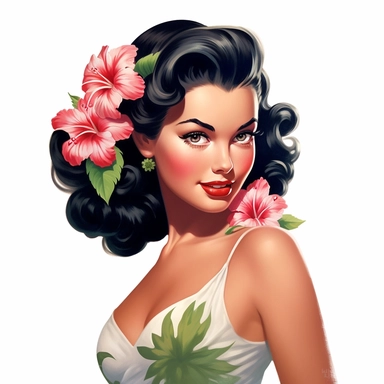 beautiful pretty pin up woman, makeup and hair vintage 50's style, hawaiian flower and dress, paint art style, detail, clipart, white background, superrealistic, one of a kind