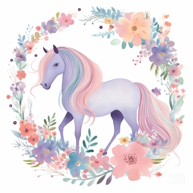 A horse clipart design for girls with a soft and girly color palette of pastel colors like pink, purple and blue to create a dreamy atmosphere. The horse itself is majestic and has a long flowing tail and mane that move in the wind. Flowers and butterflies surround the horse and give the design a romantic touch