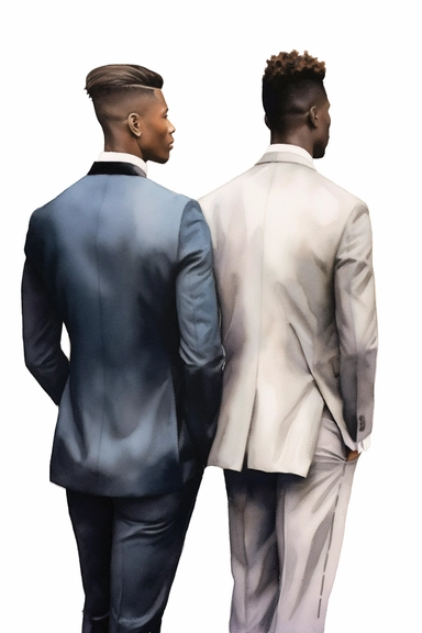 a dark-skinned groom and dark-skinned best man from the back view, in the style of realistic portrait drawings, subtle color variations, algeapunk, transparent/translucent medium, light navy black and white colors, watercolor storybook illustration, rustic style, hd clipart, on white background, spaced out