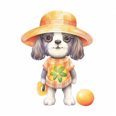 Summer cute cartoon dog dressed for summer, clipart, watercolor illustration for kid, white background