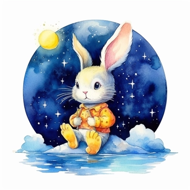 watercolor, hyper realistic, white background, white margins, 16k, ultra detailed clipart, cut out image, hand-drawn bunny rabbit sitting on the moon with a fish on his tail, in the style of dreamy watercolor scenes, magali villeneuve, dark blue and yellow, childhood arcadias, moosa al halyan