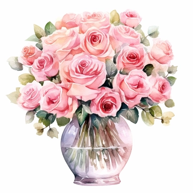 watercolor huge buquet of 30 tiny pink Roses in a Glass Vase clipart