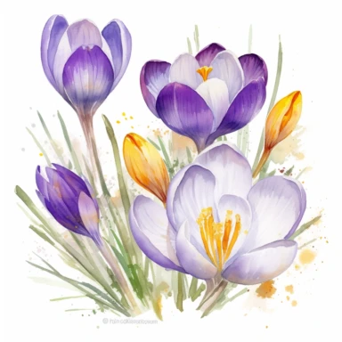 Illustrate a watercolor clipart composition of a crocus meadow, capturing the vibrancy and charm of these flowers in the Michelangelo-inspired Watercolor Haven style on a white background. The harmonious composition, rich colors, and chiaroscuro techniques make these crocuses a beautiful choice for various designs.
