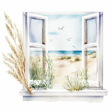outside window summer beach scene watercolor white background clipart