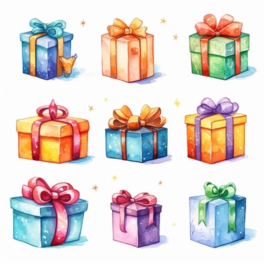 watercolor small cute christmas gifts clipart with margins, digital watercolor, for children’s book, design lovely style, cartoon funny, simple watercolor, white clean background