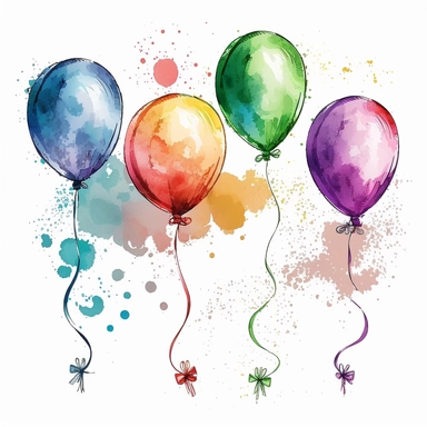 watercolor clipart of 5 colorful balloons , there are ribbon and bowknot on each balloon,vector illustration,symmetry, white background, no text, no watermark, no extra ribbon, no blurred v4