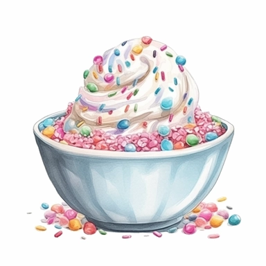 Watercolour of a Ice Cream in a bowl with sprinkles on top , Clipart,Cartoon,hyper realistic, intricate detail isolated on a white background, high quality, sublimation, detailed, cartoon style