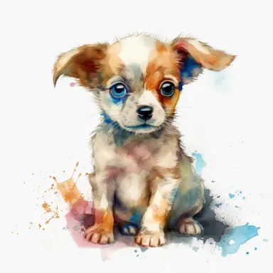adorable watercolour puppy sketch with bright colours and big chibi eyes, in the beg position, untextured white background, clipart, no watermark