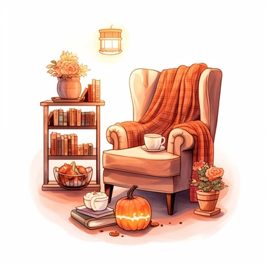 A fall setting with a cozy chair, pumpkin spice latte, books, candles and thematic assets. On white background, golden hour, pixel art , style by Lucy Fleming, watercolor, smooth gradients, black contour outline, ultra detailed, clipart elements, delicate pastel colors, solid white background, super clear, high quality