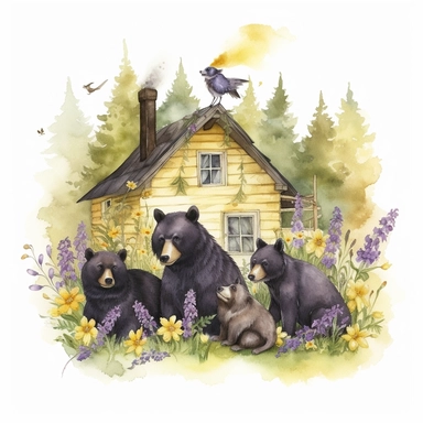 hand drawn family of black bears, wearing clothes in shades of yellow and purple, at a cabin in the woods, bumblebees, purple flowers and grass, very detailed, very realistic, watercolor, clipart style