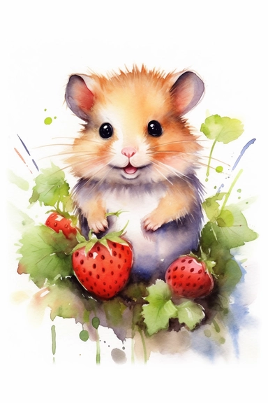 Create a watercolor clipart picture of a hamster next to a strawberry plant, white background. The hamster should have a cute and happy expression, with its fur depicted in soft watercolor textures. Surround the hamster with small flowers and greenery, adding a whimsical touch to the scene.