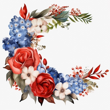 wreathe of flowers, in the style of fourth of july realistic and hyper-detailed watercolor painting, sketchfab, ahmed morsi, realistic watercolor paintings, use of common materials, handcrafted designs clipart red white and blue with white background