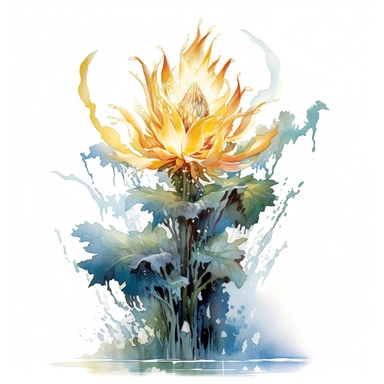 PIERCING snow lotus banana oak tree, oak white fire BLUE flame, light, golden sun, mighty flowers, pristine, sparkling, white flame, fire light mega epic flowers of epicness, cool and spiky, owning everything, floral art, no background, beautiful, no text, clipart, watercolor