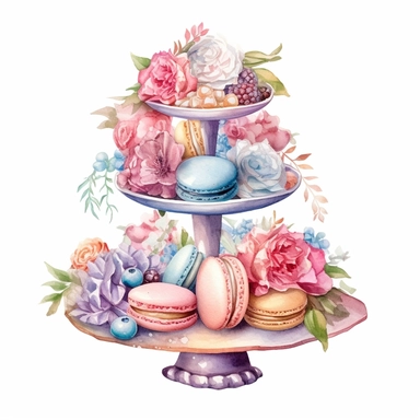 Clipart, Watercolor, Boho tier candy tray with cakes, cupcakes, macarrons and flowers, pastel color, hand-draw, texture