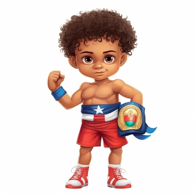 curly head Puerto Rican Boy wins championship belt in boxing, red gloves, puerto rican flag shorts, clipart, white background