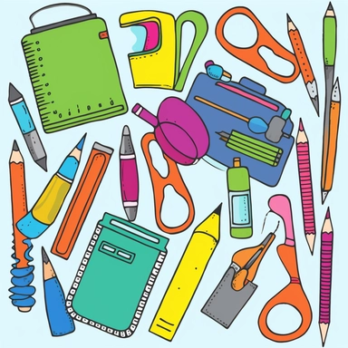 School Supplies Clipart - you could create clipart of various school supplies like pens, pencils, notebooks, rulers, erasers, calculators, and more. You could draw them in different colors and styles, with fun expressions, or even add some cute accessories like stickers or bookmarks.