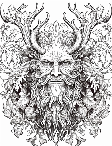 coloring book style, illustration clipart. Forest Spirit: A wise and gentle forest spirit guarding a hidden grove filled with ancient trees and glowing flowers. for coloring book with crispy lines and white background