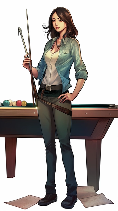 An Asian female billiards player, defiant pose, character sheet, illustration for book, multiple positions,talented,dark brown hair, Watercolor Clipart, strybk, full Illustration, 4k, sharp focus, watercolor, smooth soft skin, symmetrical, soft lighting, detailed face, kim jung gi, freedom, soul, digital illustration, comic style, focused, competitive, mellowafterglow, ultra high quality model, hand drawn vector,portrait painting style