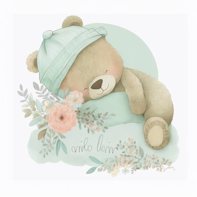 an ultra Cute little newborn baby teddy bear wearing mint green shabby chic floral traditional classic pyjamas and bedtime hat lay down on a mint green blankets watercolour, cute,, bedtime, sleepy, dreamy, isolated on white background, Clipart