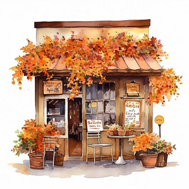 clipart Beautiful tiny Coffee shop, flowers, Fall, starbuks, Aesthetic, artwork, very detaleid, realistic, Brown color, hd, on white background, soft watercolor, spaced out