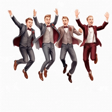 fantasy clipart, happy image of the groom and groomsmen and best man, jumping in air, throwing handkerchief up, transparent background, 8k, ultra-hd