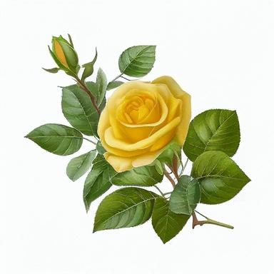 watercolor (canary yellow roses) clipart, (canary yellow roses) floral corsage of one blossom, long stem, green leaves, highly detailed, no splash, realistic, isolated on flat white background, no text, high quality image