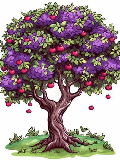 lush apple tree growing in the orchard, tree is growing purple apples, cartoon style clipart
