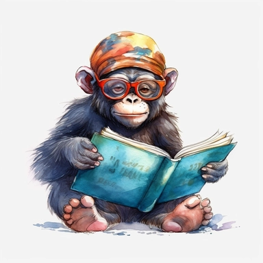Ape baby with sunglasses reading a book, clipart, watercolor, anime