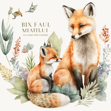 Mum & baby Animals Watercolor, Baby Animals, Fox and baby, watercolor clipart, Tropical, forest, watercolor clipart, baby shower, transparent background, png, high detail, 8k - d, 32k