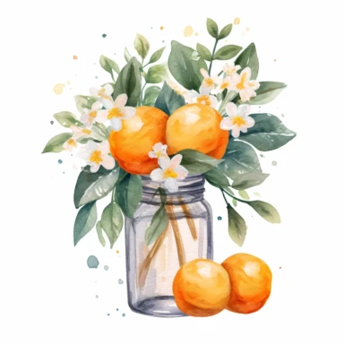 Create a watercolor oranges clipart with glass nd bouquets
