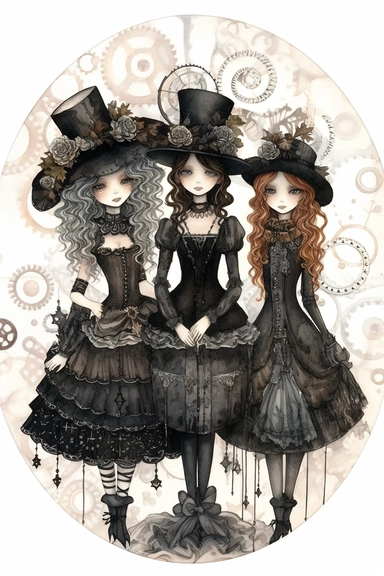 watercolor mixed media goth steampunk bride girl entire body and bridesmaids in goth steampunk wedding decor illustration clipart by holly hobbie