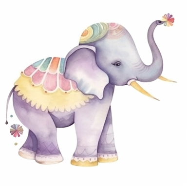 One cute decorated circus elephant clipart, style as seen on Etsy. Cartoonish appearance with exaggerated body proportions, but atomically correct limb positions and number. Elephant is lying down, with legs tucked under his body, trunk curled arround. Perfect for decorating a baby's nursery. Varied bright pastel watercolors, loose, gestural brush strokes. Dreamy, ethereal, lively, playful. Lots of cute details, such as stars, clouds, flowers, hearts and balloons. Decorative patterns, like polka