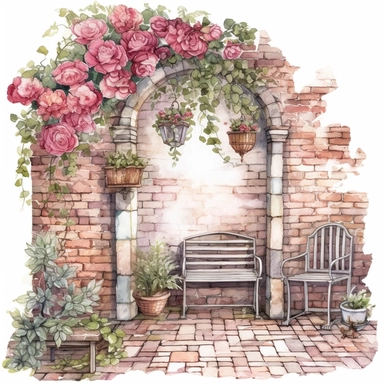 watercolor, hyper realistic, white background, white margins, 16k, ultra detailed clipart, cut out image, hand-drawn, whimsical manhwa style, ultra HD, sharp and clean art a secret garden surrounded by a brick wall, with blooming roses and a garden bench.
