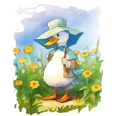 A cute anthropomorphic duck with a straw hat on its head, walking from a distance, a flowering bush in the background, watercolour clipart, cartoon, full illustration, 4K, sharp focus, watercolour, soft lighting, detailed, watercolour style