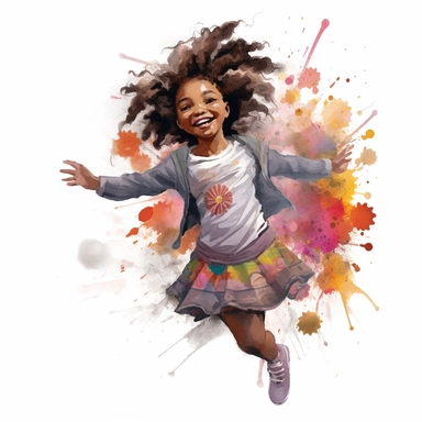 A joyful clipart portraying an African American girl with a charmingly textured hairstyle, adorned in fashionable and whimsical garments, set against a high-resolution and grey background, brought to life with the vibrant colors and free-flowing brushstrokes of a watercolor art style,