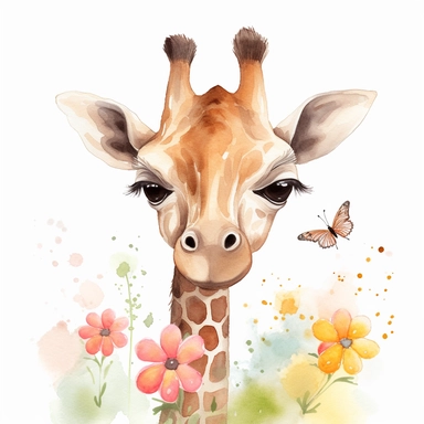 watercolor painting of a smiling playful baby Giraffe with blossom in the mouth, soft colors, with cute big eyes, happy smiling face, cute animal, adorable, playful atitude, adorable watercolor animal clipart with a few plant and flowers butterlys decor, 