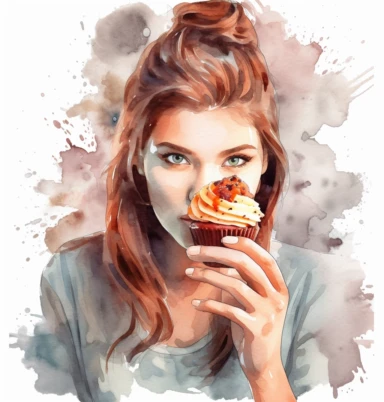 watercolor clipart white backgrond a woman eating a cupcake, in the style of nikon d850, hispanicore, outdoor scenes, brown, joyful and optimistic, batik, 32k uhd