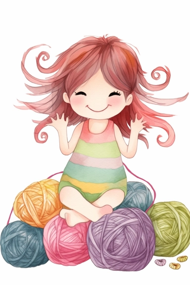 young girl surrounded by yarn, smiling, watercolour, kawaii, clipart, images to remain within the file borders