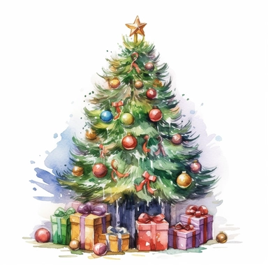 lovely Christmas Tree: Clip art featuring decorated Christmas tree, either in traditional green or with various colorful ornaments, gift boxes, and lights, is commonly used to represent the spirit of Christmas. watercolor hand painting by Hayao Miyazaki ultra detail, 8k megapixel a careful touch white background for clipart
