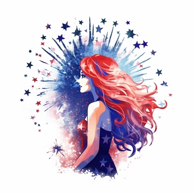 usa flag mermaid watching fireworks. clip art style. on a white background